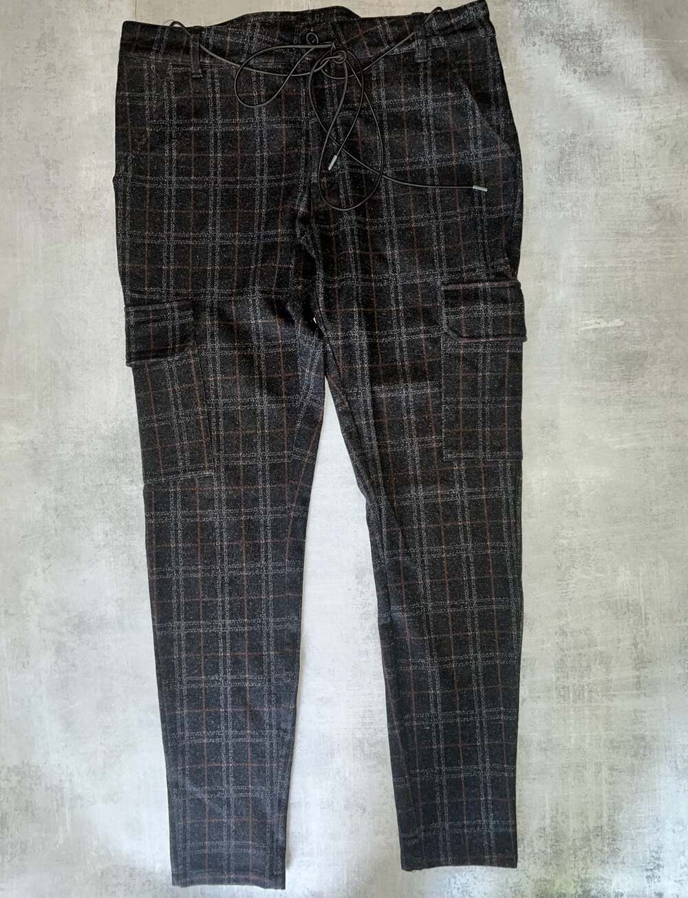 Size Up Apparel Stretch Plaid Checkered Cargo Pants with Drawstring and Belt